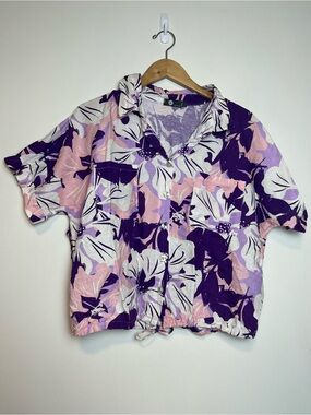 90s Style Floral Crop Shirt L Purple Pink Linen Blend Hawaiian made in Italy